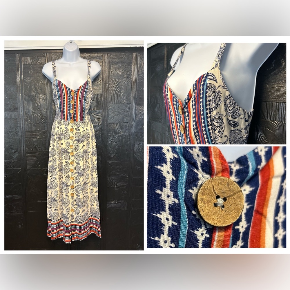 Angie Blue White Floral Striped‎ Sleeveless Boho Maxi Rayon Dress Size Small